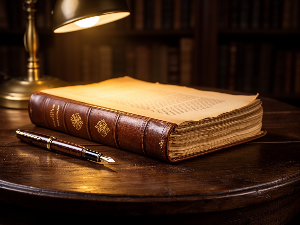 Antico libro rilegato in pelle marrone su tavolo di legno scuro antico con patina dorata, luce calda di lampada da studio che illumina le pagine ingiallite, penna stilografica vintage accanto, atmosfera di biblioteca storica