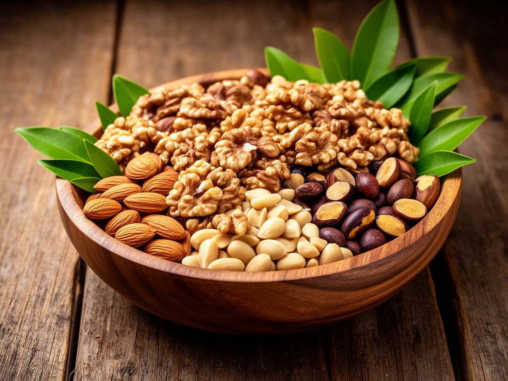 Noci varie in ciotola di legno su tavolo rustico: mandorle crude, noci di acagiù e noci brasiliane con foglie verdi decorative, luce calda che esalta le texture naturali dei gusci