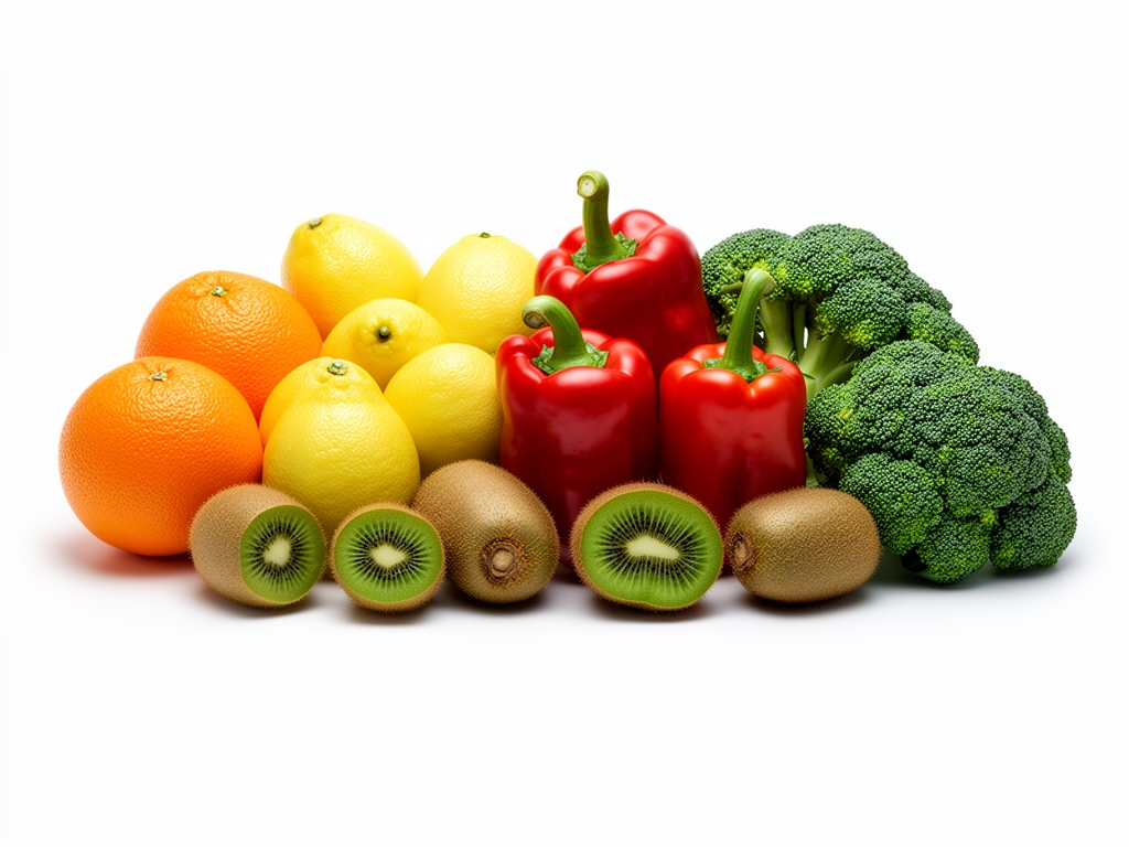 Frutta e verdura colorata disposta in ordine su sfondo bianco: arance, limoni, kiwi, peperoni rossi e broccoli verdi, illuminazione in studio pulita e naturale