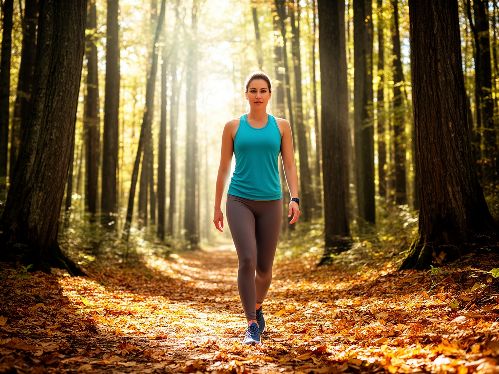 Donna che cammina su sentiero forestale tra alberi alti con luce solare che filtra attraverso le fronde, abbigliamento sportivo casual, ambiente naturale autunnale con foglie dorate a terra